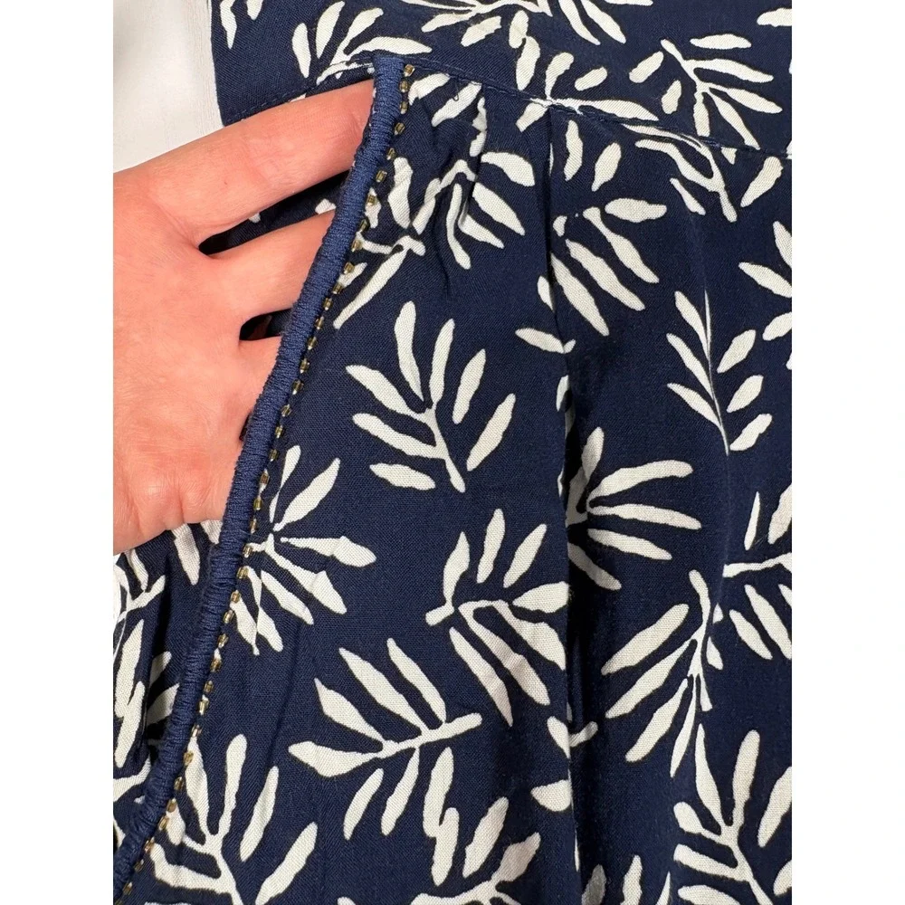 Skemo Palm Pants Navy White Tropical Leaf Print Wide Leg Rayon XL NEW Beach Boho